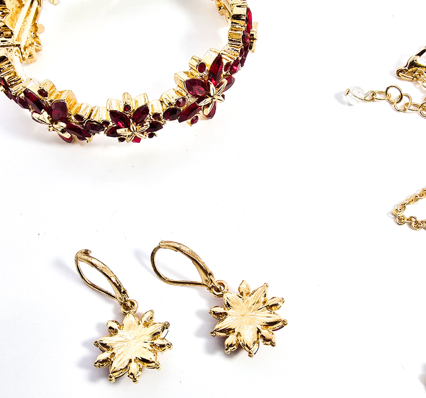 Napier Gold Tone Red Poinsettia bracelet, necklace and earrings signed set