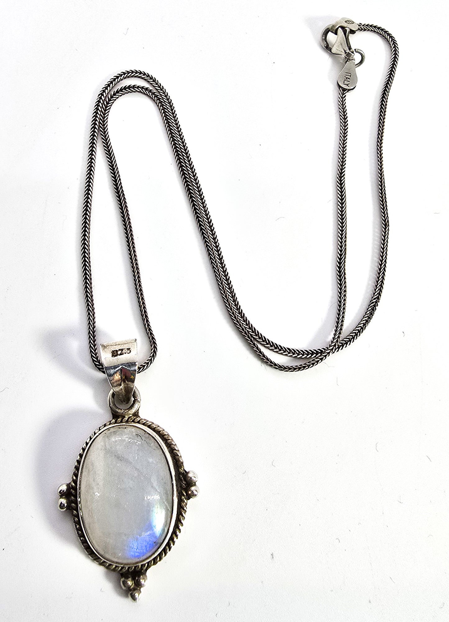 Rainbow Moonstone flashy tribal Balinese style sterling silver pendant necklace