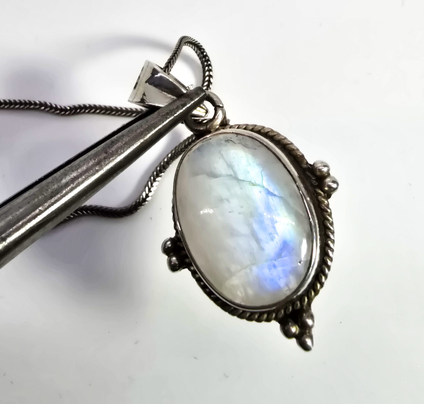 Rainbow Moonstone flashy tribal Balinese style sterling silver pendant necklace