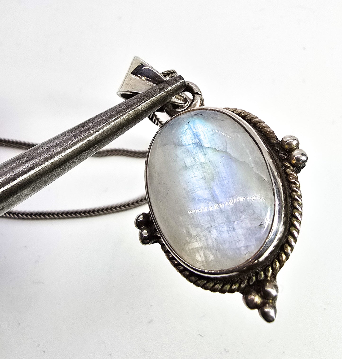 Rainbow Moonstone flashy tribal Balinese style sterling silver pendant necklace