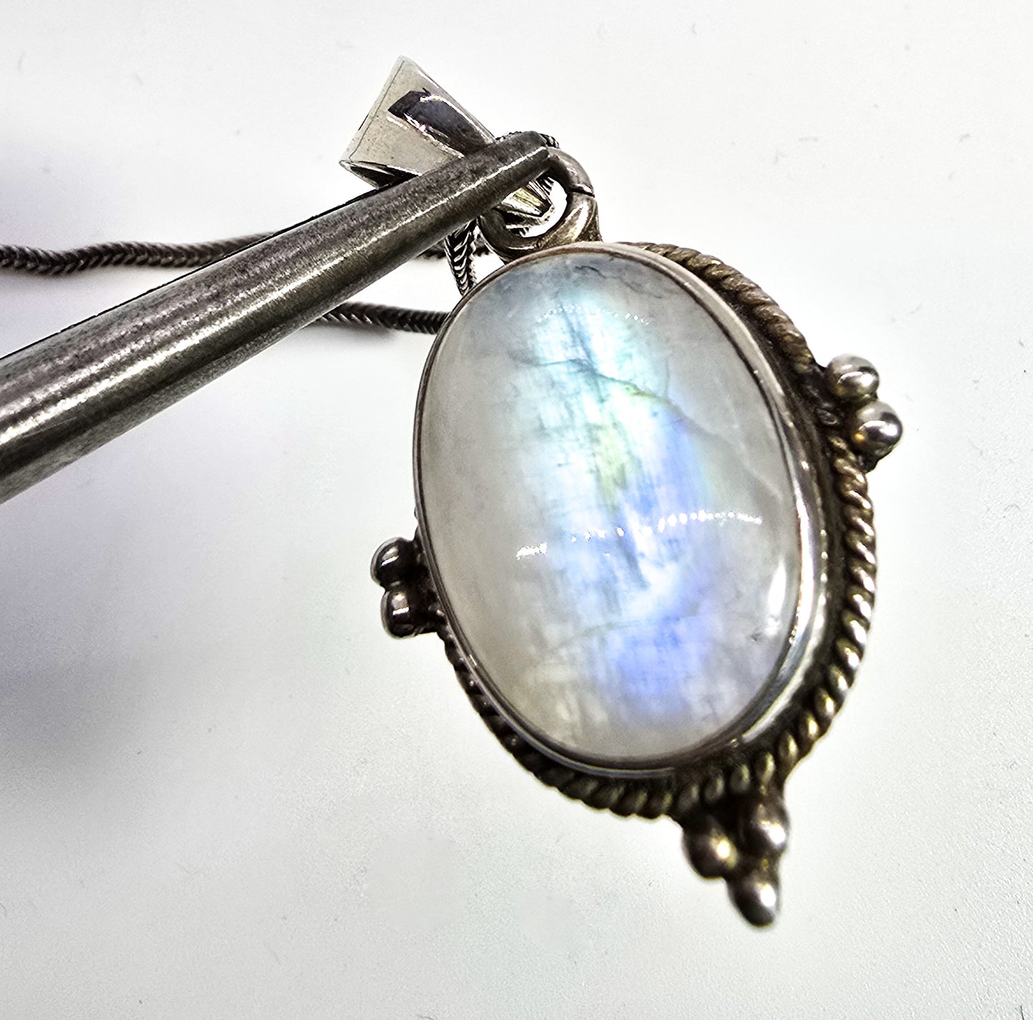 Rainbow Moonstone flashy tribal Balinese style sterling silver pendant necklace