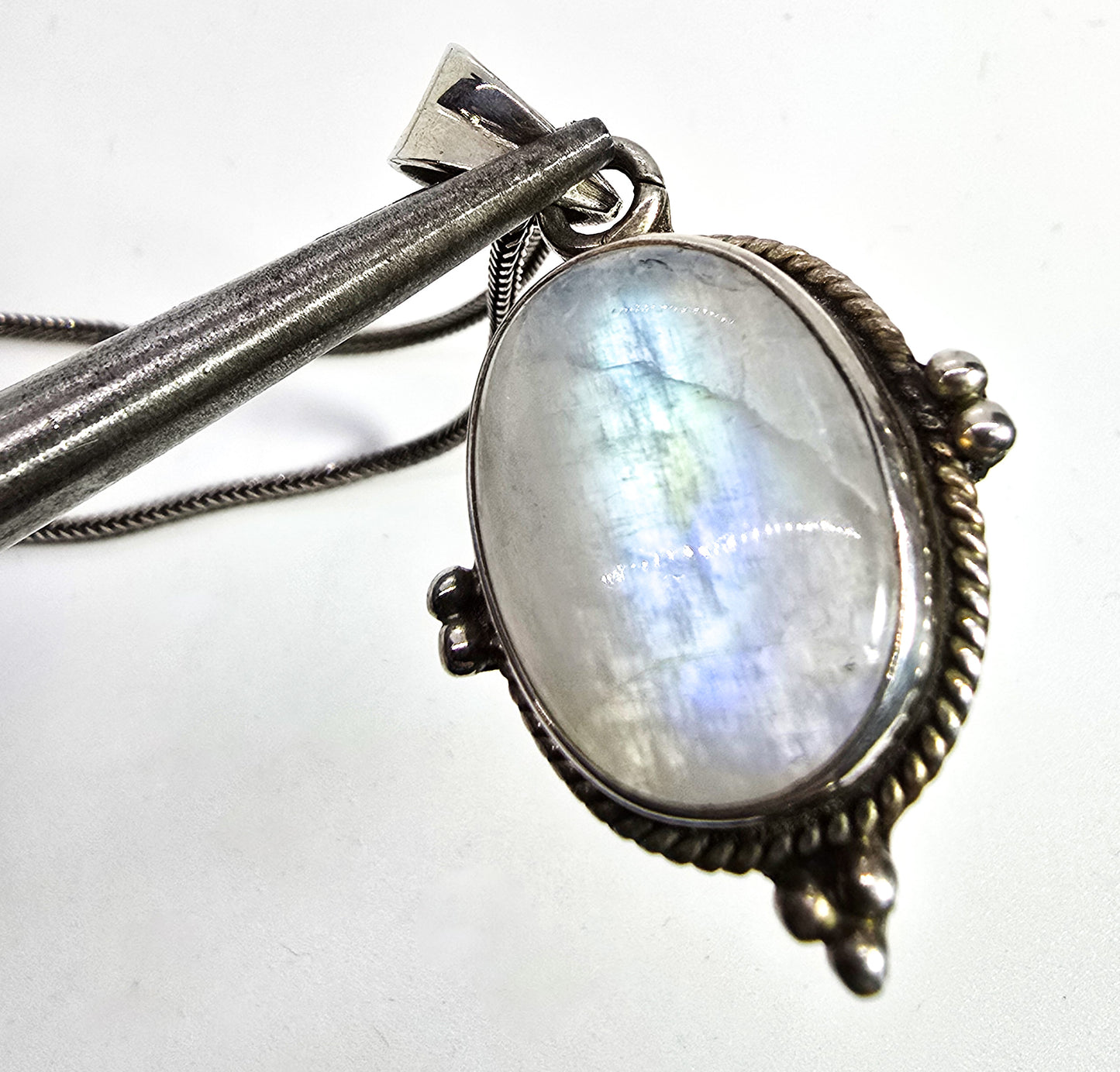 Rainbow Moonstone flashy tribal Balinese style sterling silver pendant necklace