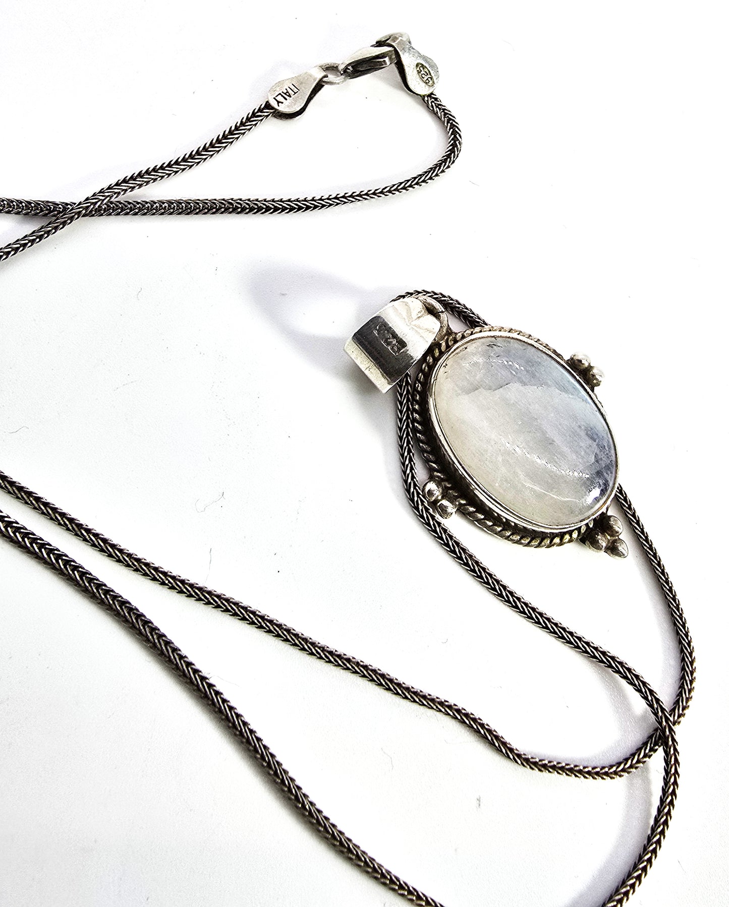 Rainbow Moonstone flashy tribal Balinese style sterling silver pendant necklace