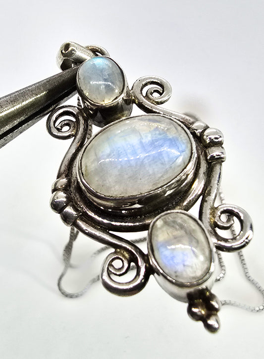 Triple Stone Rainbow Moonstone flashy Balinese style sterling silver pendant necklace