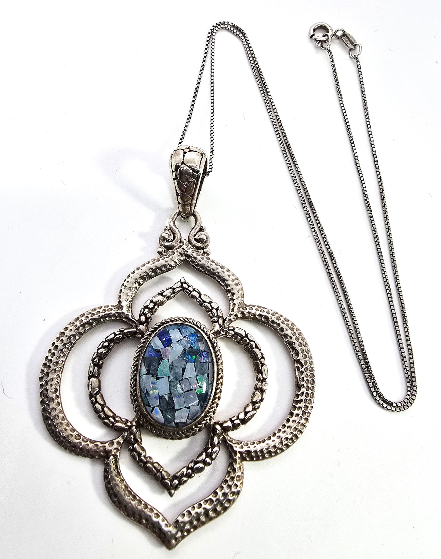 Sarda Balinese pebble inlay blue  fire opal mosaic sterling silver signed pendant necklace