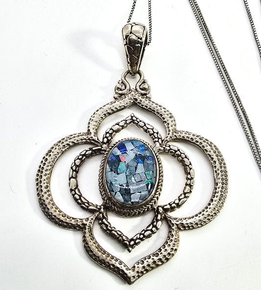 Sarda Balinese pebble inlay blue  fire opal mosaic sterling silver signed pendant necklace