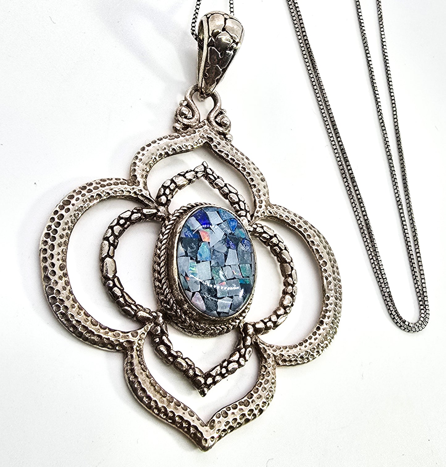 Sarda Balinese pebble inlay blue  fire opal mosaic sterling silver signed pendant necklace