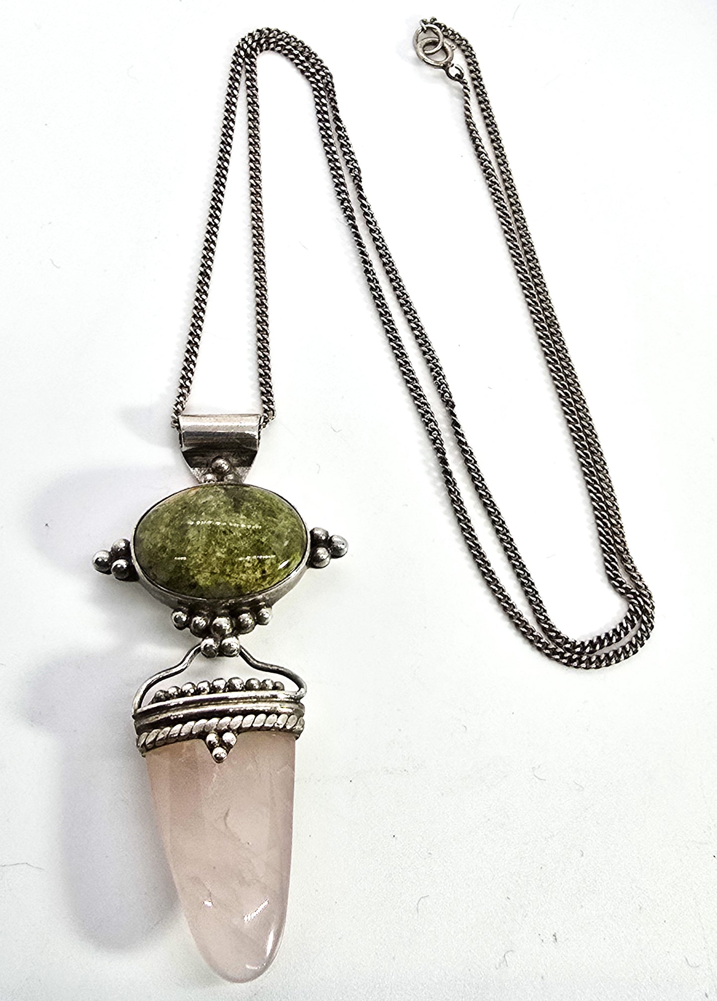 Sajen green Unakite pink rose quartz tribal Bali sterling silver pendant necklace