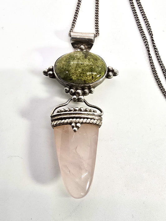 Sajen green Unakite pink rose quartz tribal Bali sterling silver pendant necklace