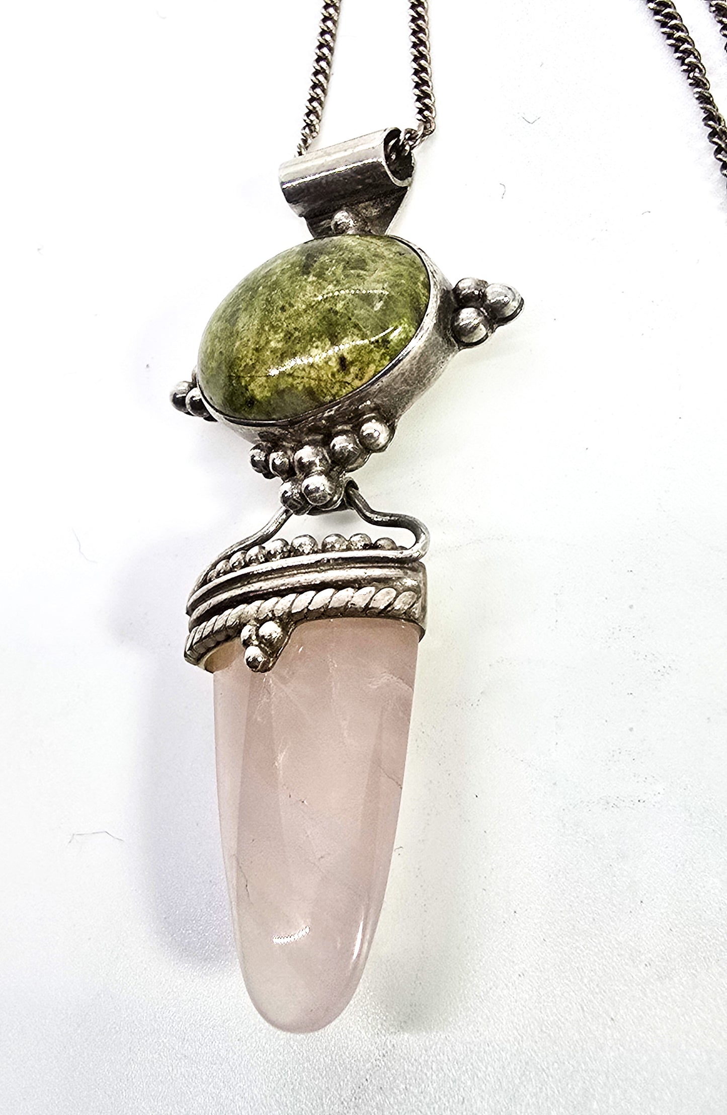 Sajen green Unakite pink rose quartz tribal Bali sterling silver pendant necklace