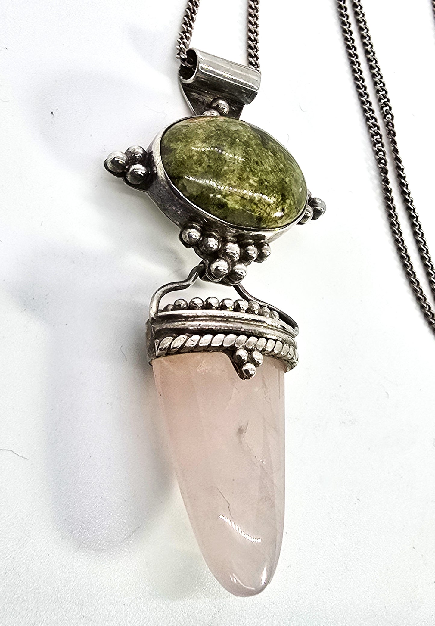 Sajen green Unakite pink rose quartz tribal Bali sterling silver pendant necklace