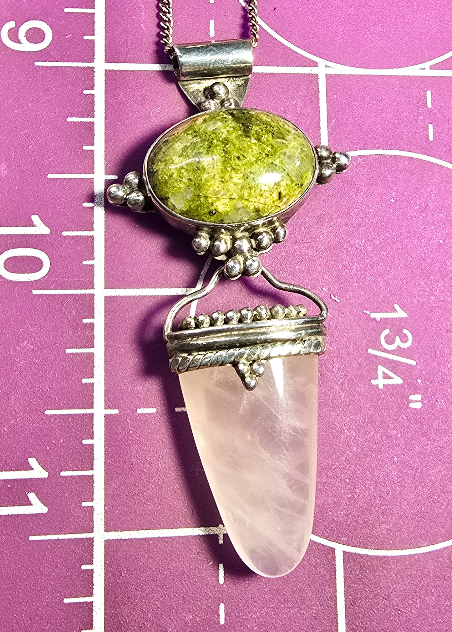 Sajen green Unakite pink rose quartz tribal Bali sterling silver pendant necklace