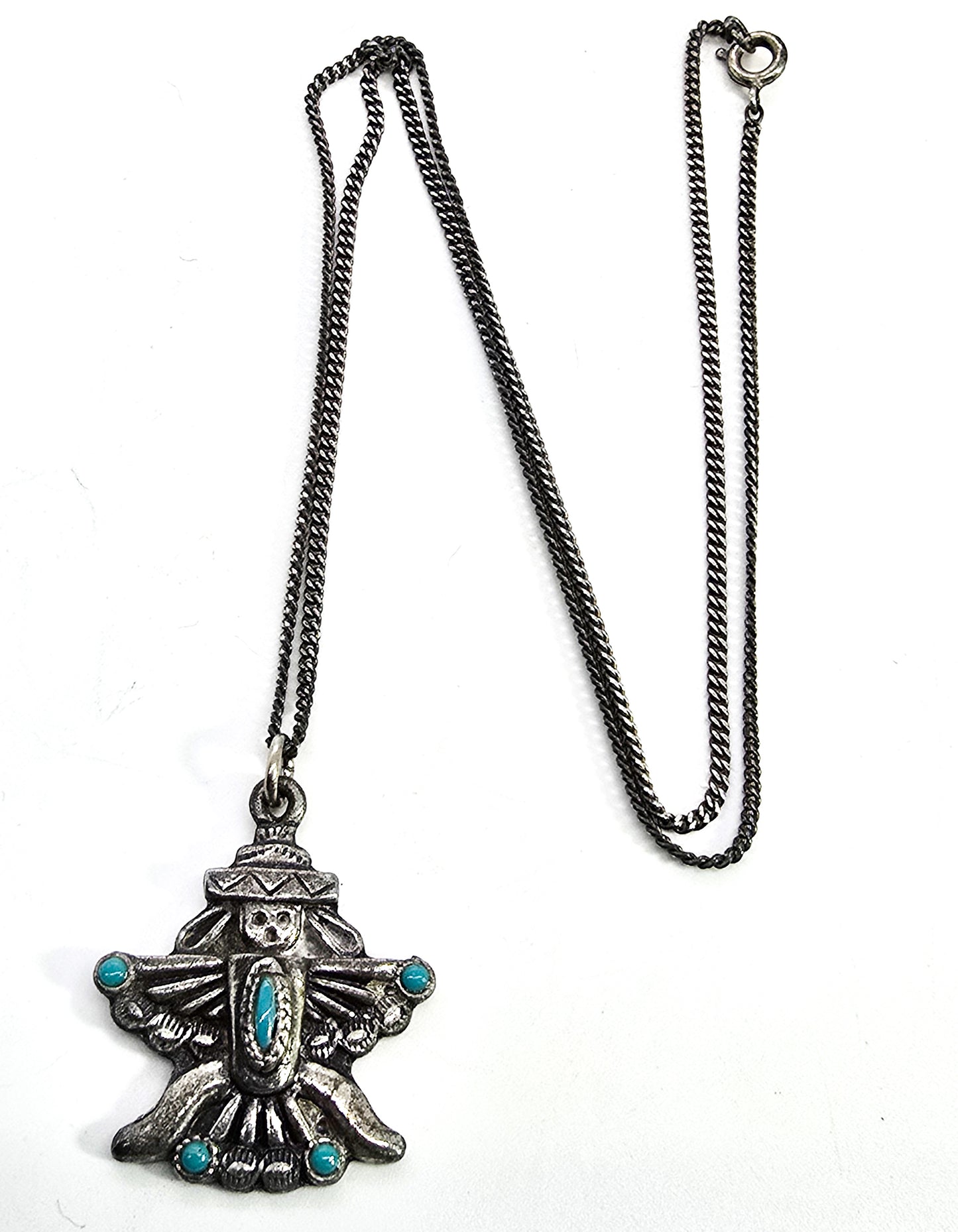 Zuni Thunderbird winged man vintage sterling silver turquoise pendant necklace