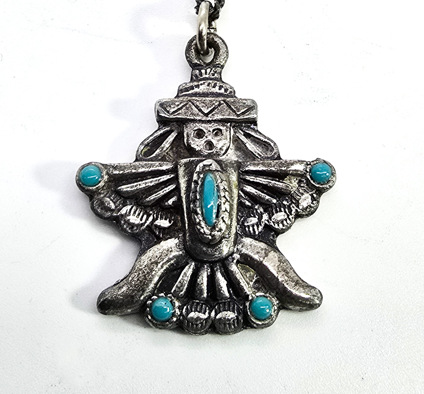 Zuni Thunderbird winged man vintage sterling silver turquoise pendant necklace