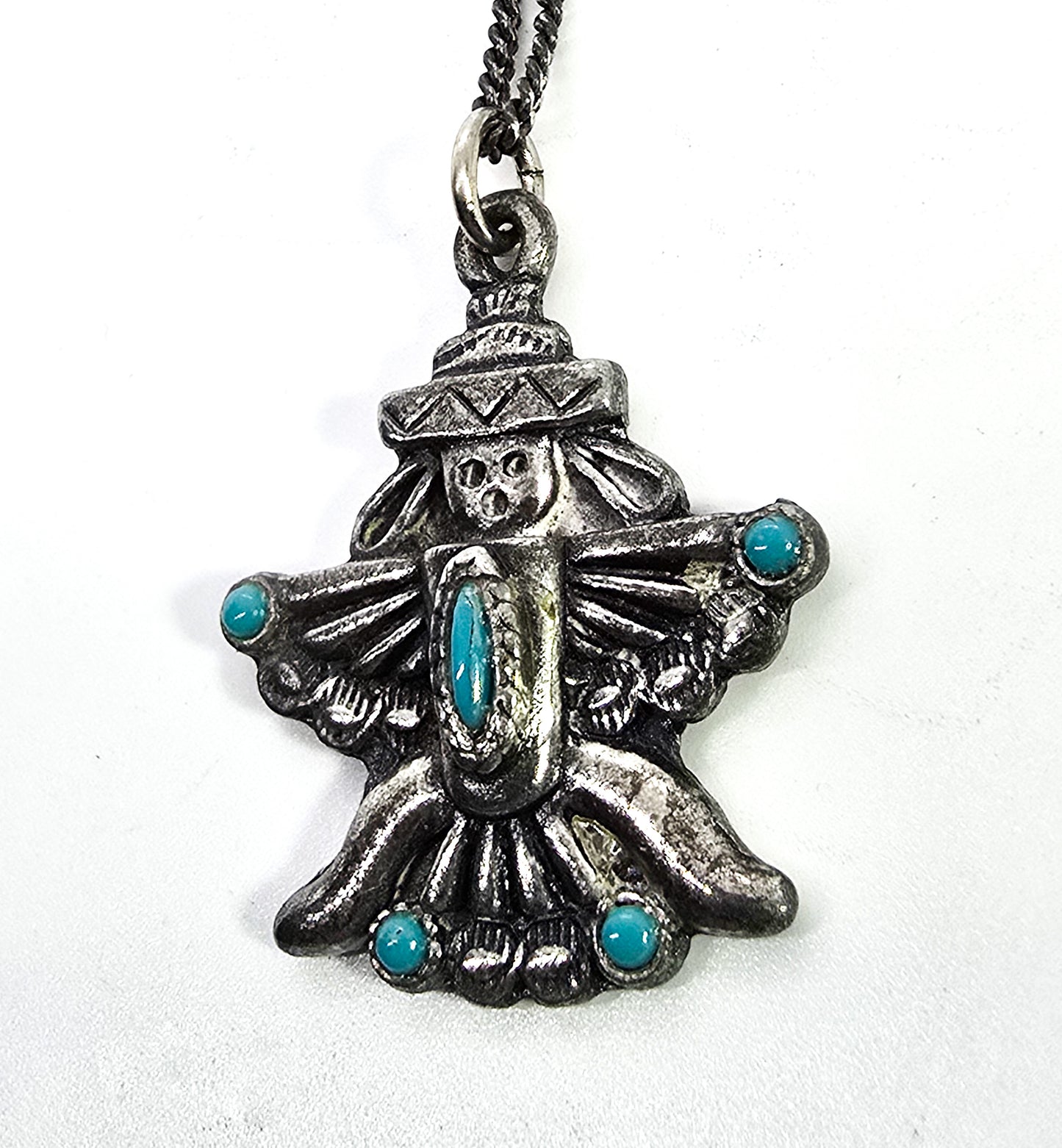 Zuni Thunderbird winged man vintage sterling silver turquoise pendant necklace