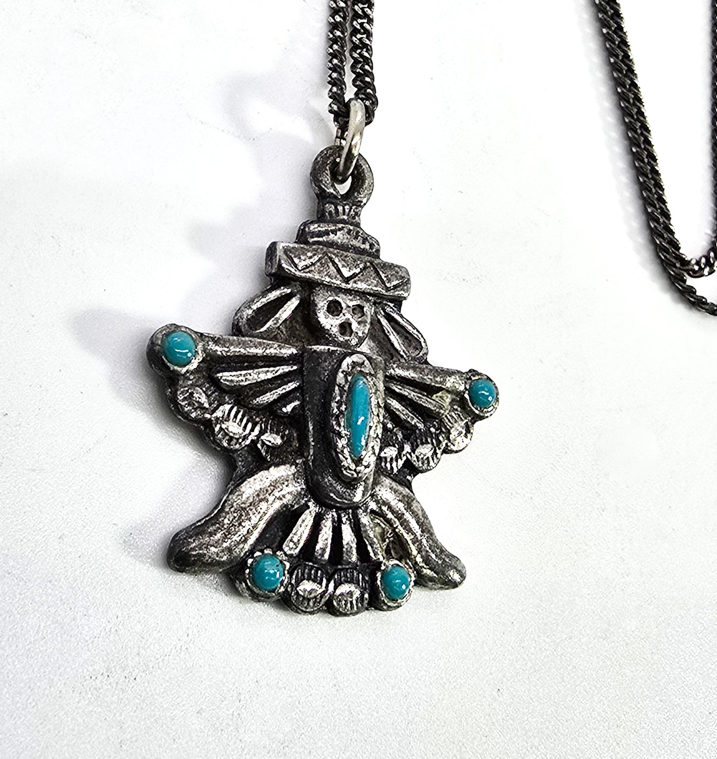 Zuni Thunderbird winged man vintage sterling silver turquoise pendant necklace