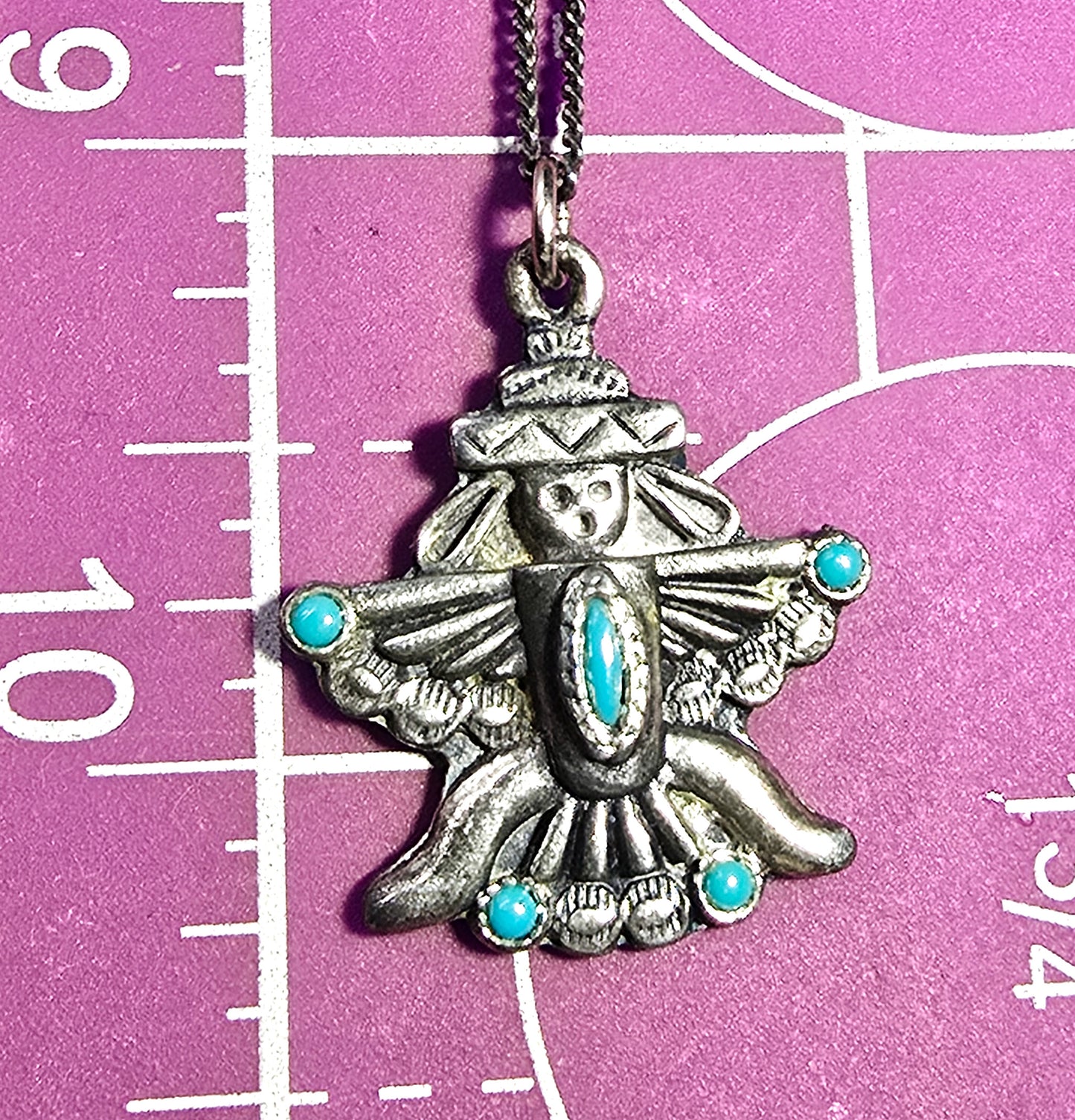 Zuni Thunderbird winged man vintage sterling silver turquoise pendant necklace