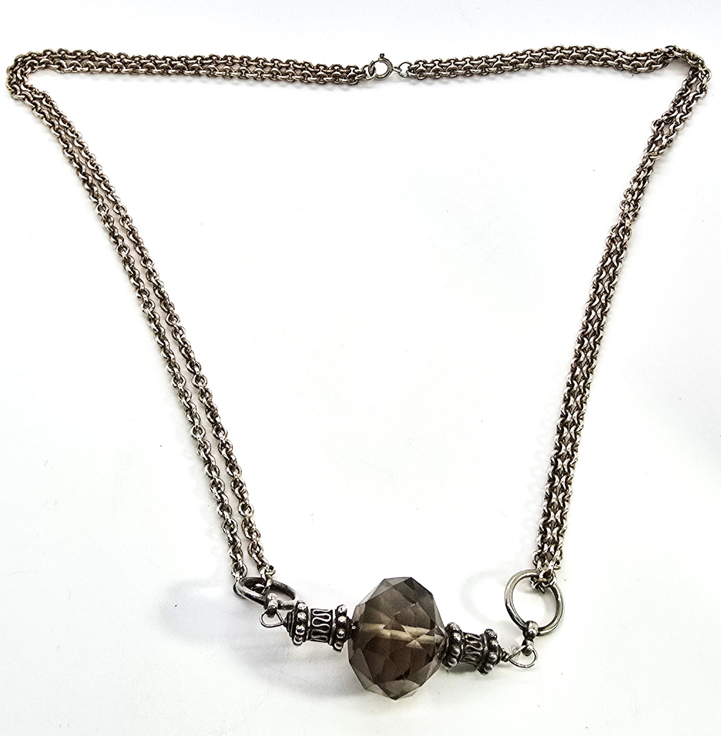 Smoky Quartz faceted Bali Balinese sterling silver double chain necklace