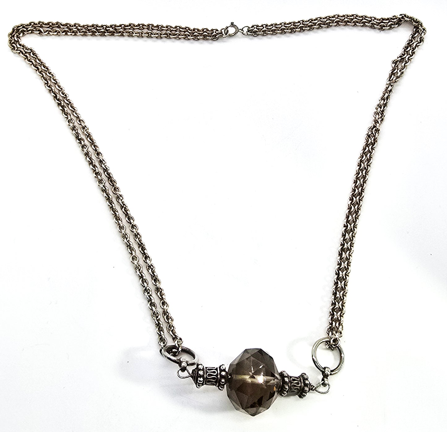 Smoky Quartz faceted Bali Balinese sterling silver double chain necklace