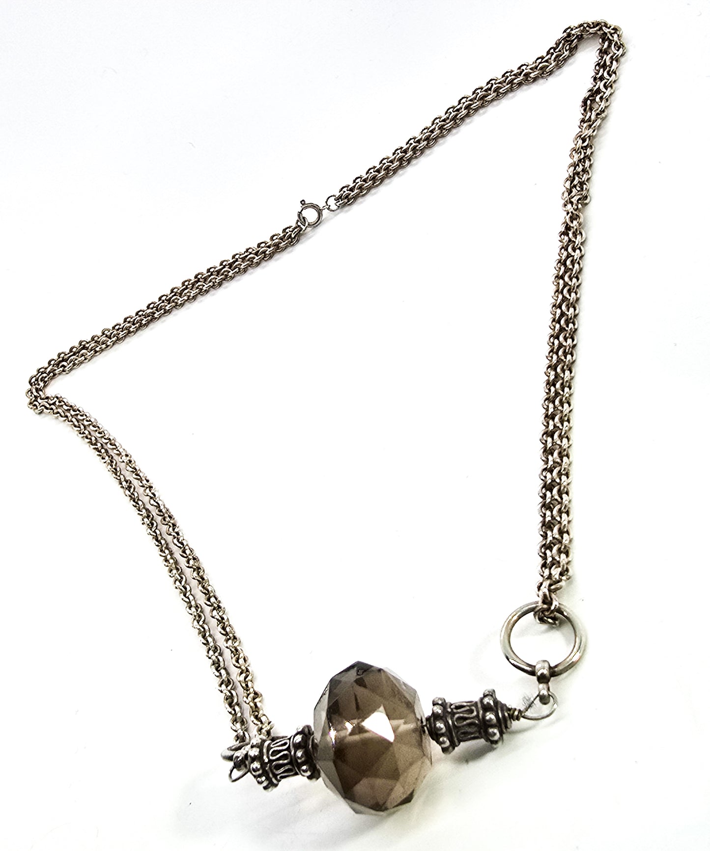 Smoky Quartz faceted Bali Balinese sterling silver double chain necklace