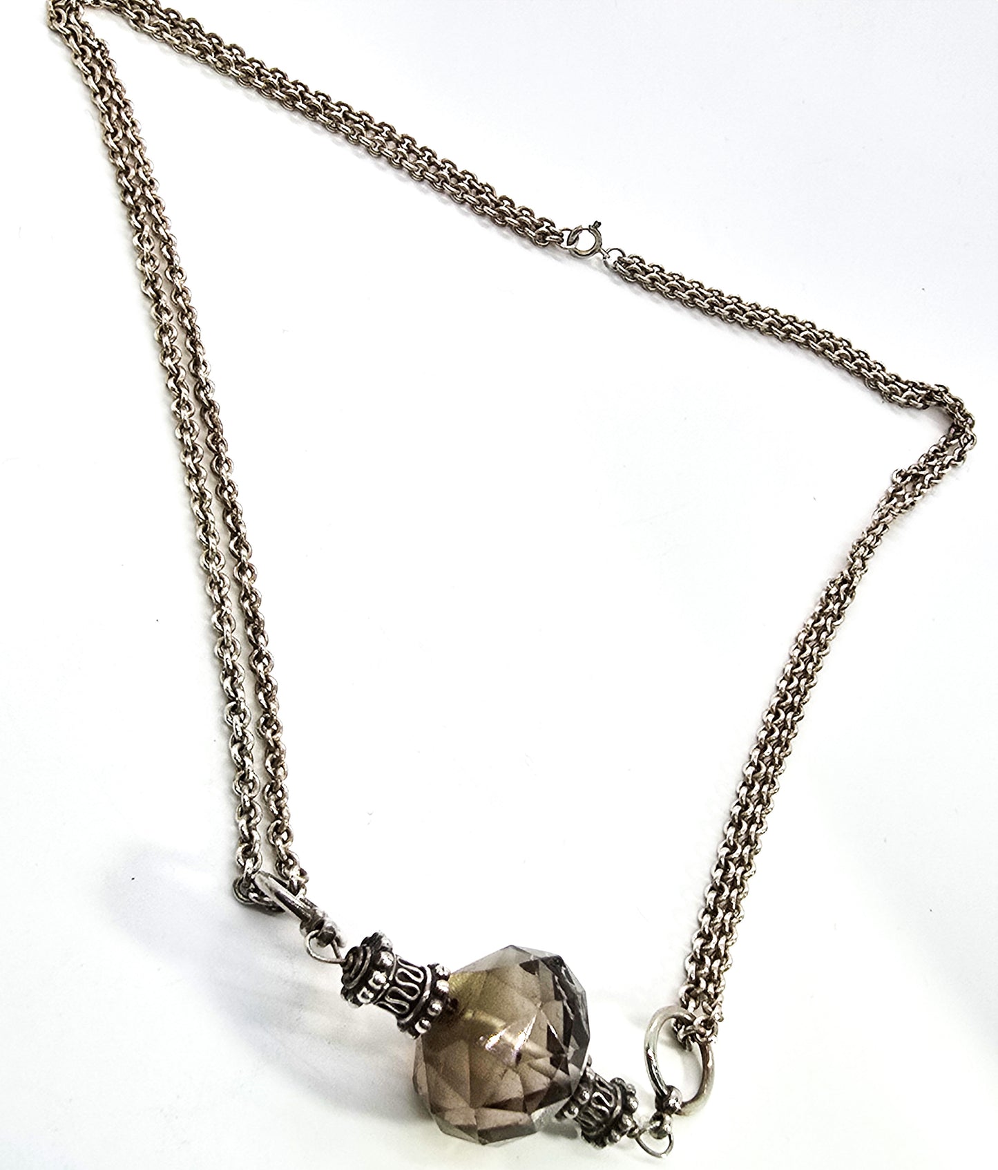 Smoky Quartz faceted Bali Balinese sterling silver double chain necklace