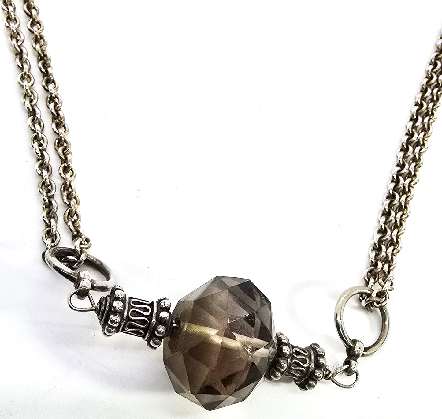 Smoky Quartz faceted Bali Balinese sterling silver double chain necklace