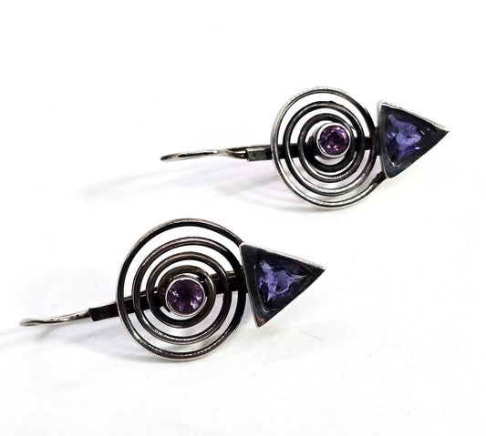 Amethyst Iolite spiral whimsy vintage modernist sterling silver crafted earrings