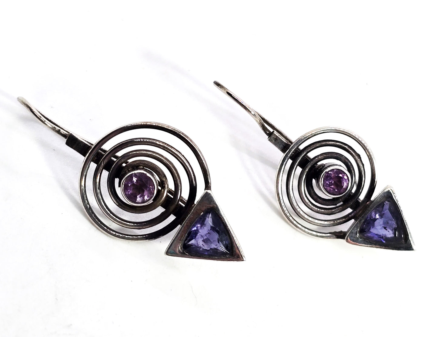 Amethyst Iolite spiral whimsy vintage modernist sterling silver crafted earrings