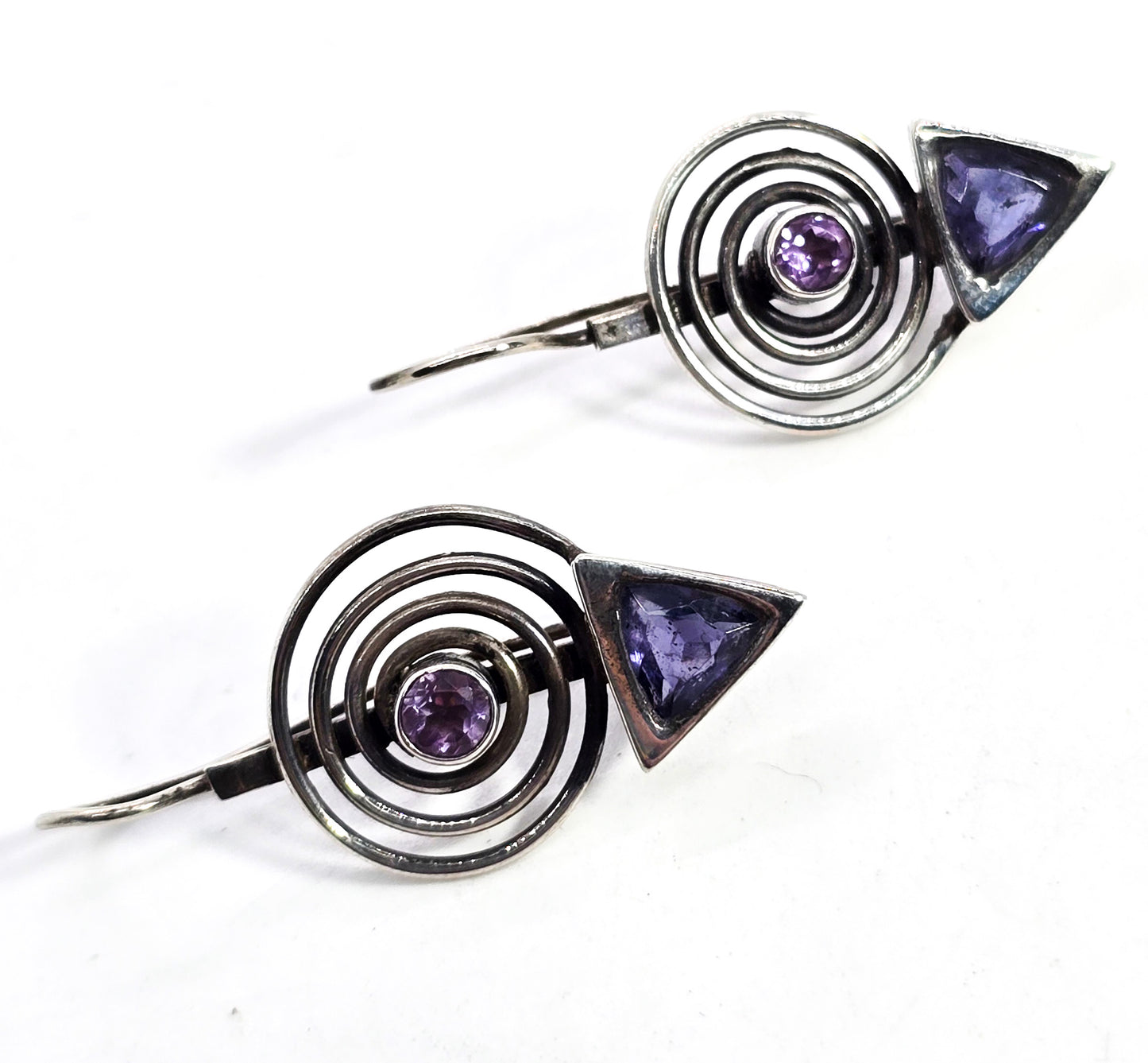 Amethyst Iolite spiral whimsy vintage modernist sterling silver crafted earrings