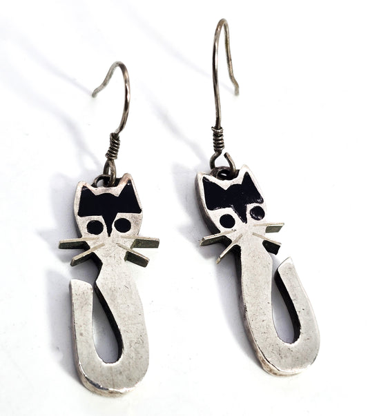 Taxco Mexico vintage cat black enamel sterling silver drop earrings