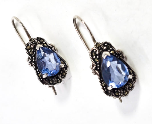 Blue pear cut marcasite halo open work vintage sterling silver earrings