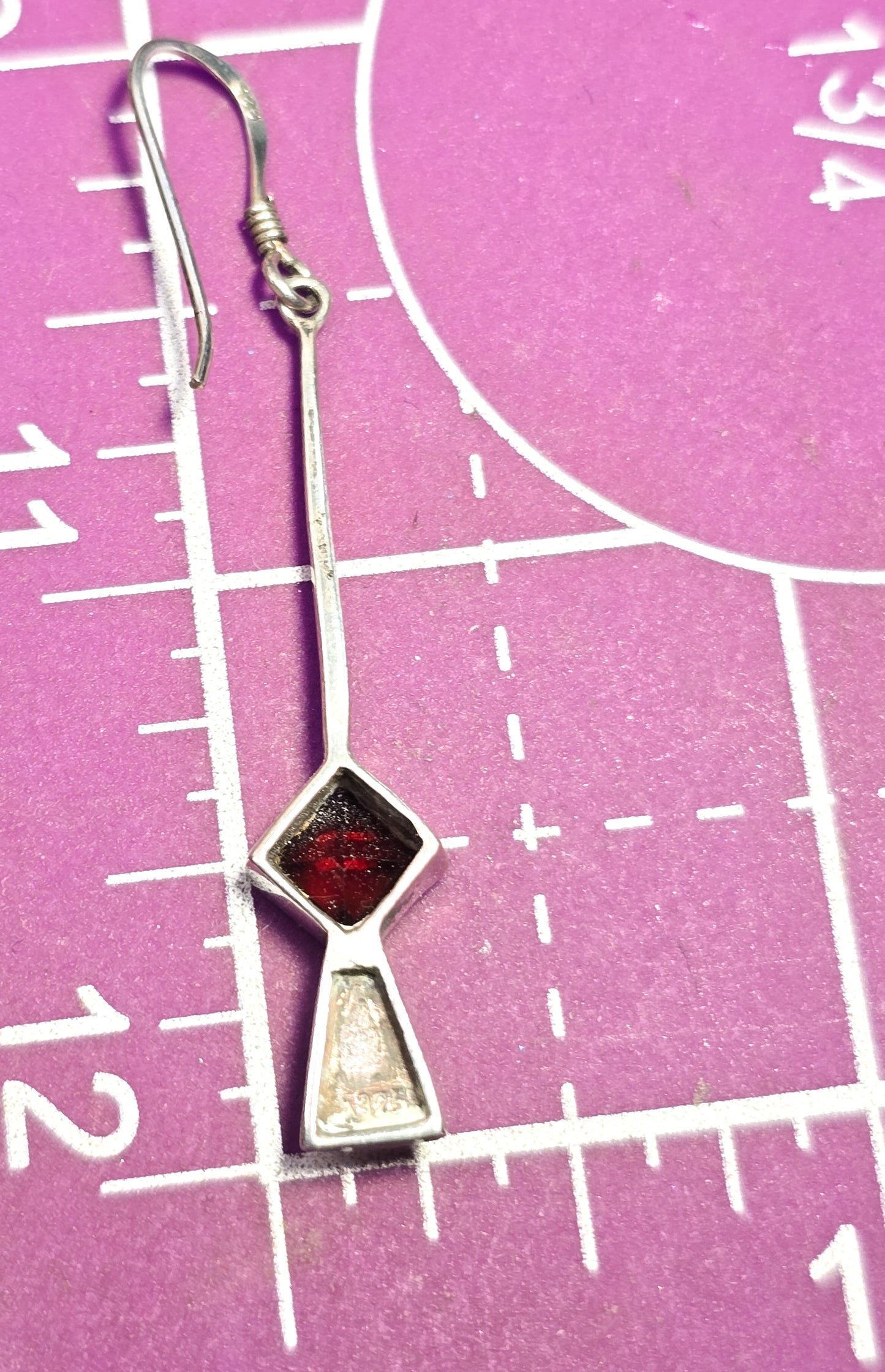 Princess cut garnet long drop pendulum vintage sterling silver earrings