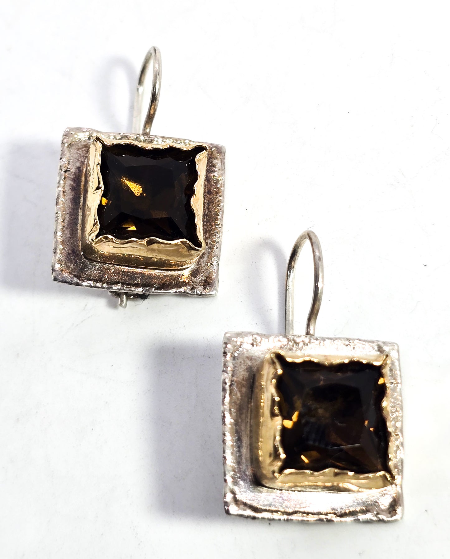 Avi Soffer Smoky Quartz Princess two toned silver gold plated sterling silver earrings