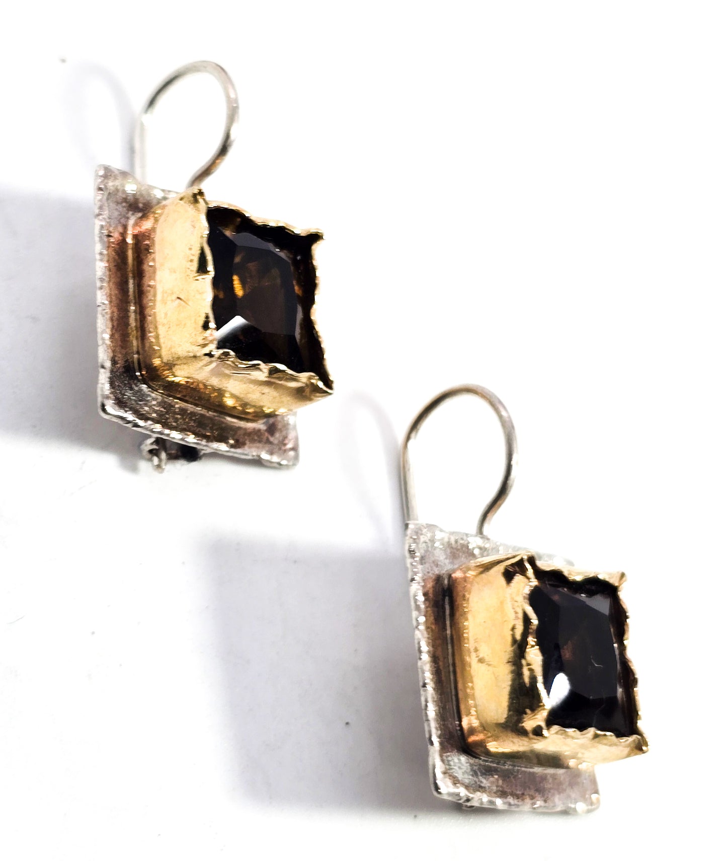 Avi Soffer Smoky Quartz Princess two toned silver gold plated sterling silver earrings