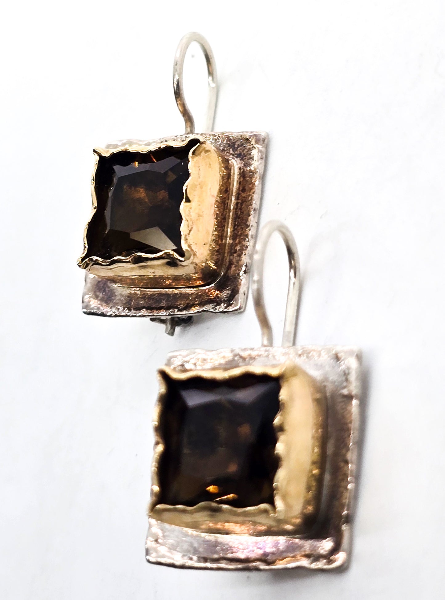 Avi Soffer Smoky Quartz Princess two toned silver gold plated sterling silver earrings