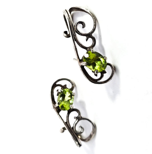 Peridot gemstone sterling silver scroll open work post vintage earrings