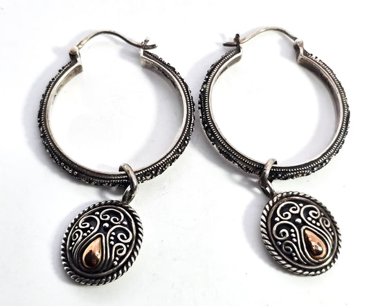 BA Suarti marcasite scroll hoop charm Bali Balinese 18k gold sterling silver earrings