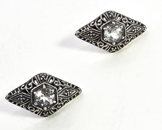 Trufili Art Deco style white topaz open work filigree stud earrings