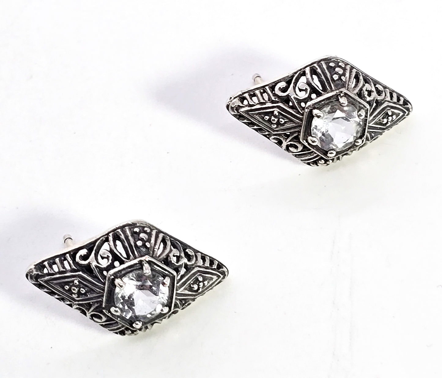 Trufili Art Deco style white topaz open work filigree stud earrings