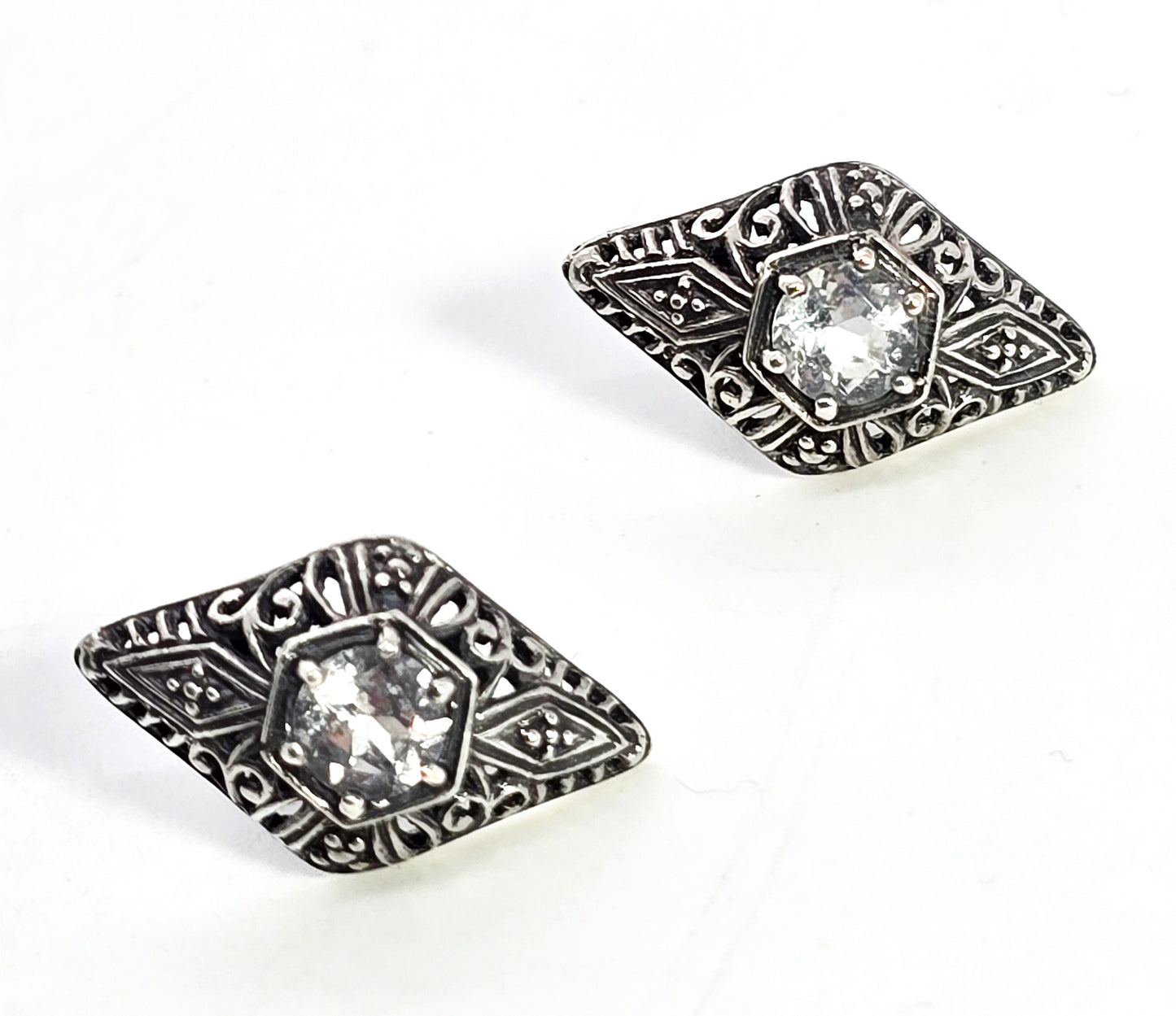 Trufili Art Deco style white topaz open work filigree stud earrings