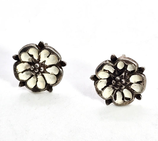 Retro Yorkshire rose white enamel flower vintage sterling silver stud earrings