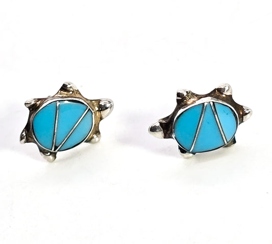 Turquoise turtle gemstone inlay sterling silver vintage stud earrings