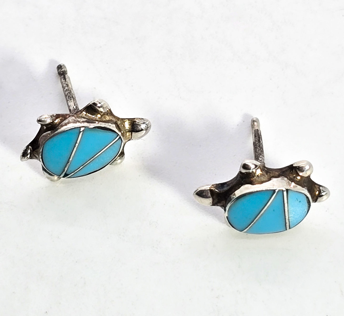 Turquoise turtle gemstone inlay sterling silver vintage stud earrings