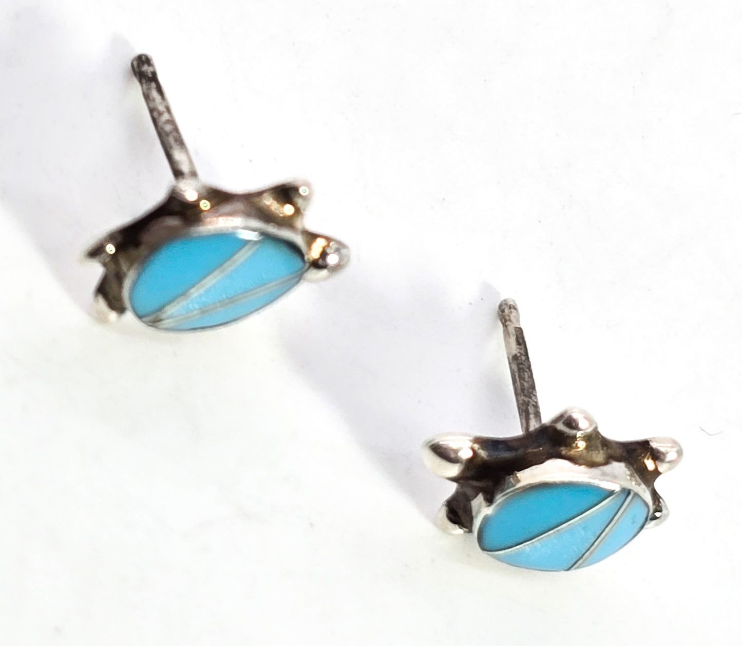 Turquoise turtle gemstone inlay sterling silver vintage stud earrings