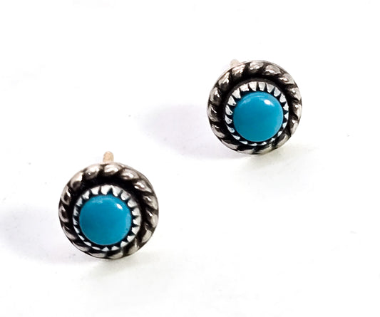 Turquoise gemstone small bezel set twisted rope sterling silver vintage stud earrings