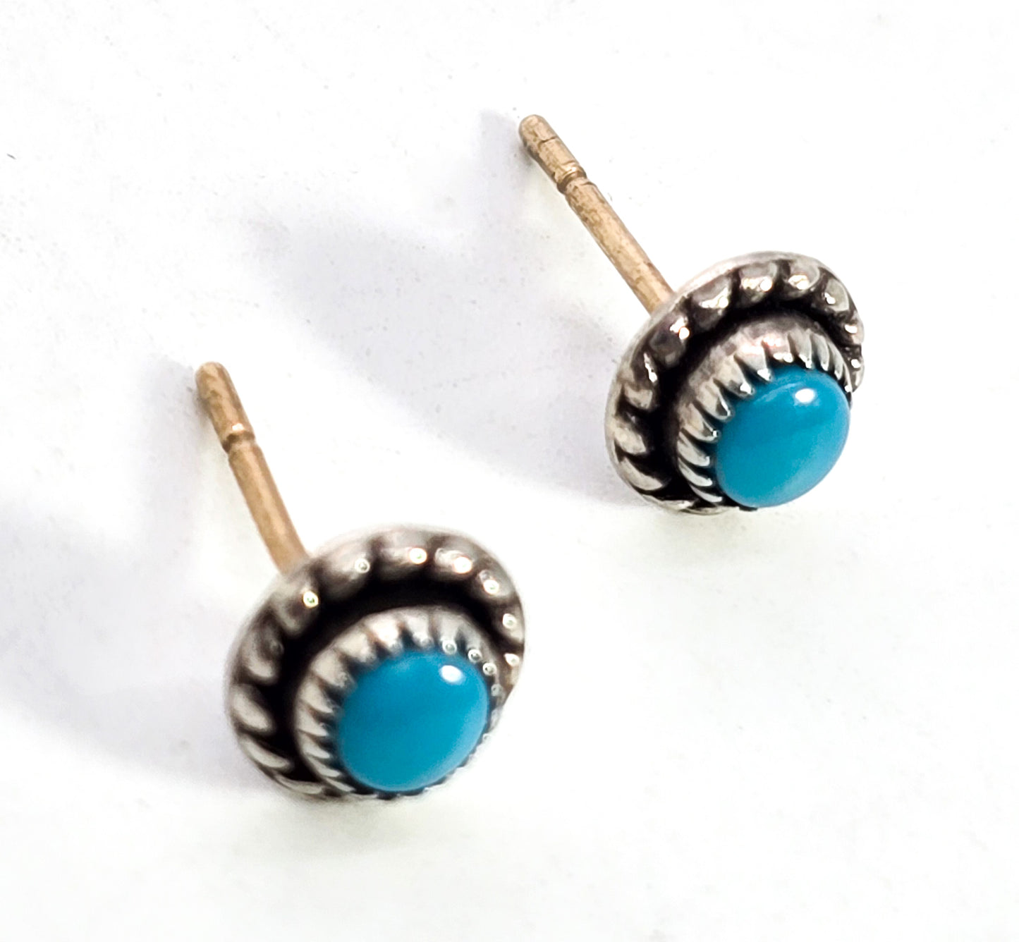 Turquoise gemstone small bezel set twisted rope sterling silver vintage stud earrings