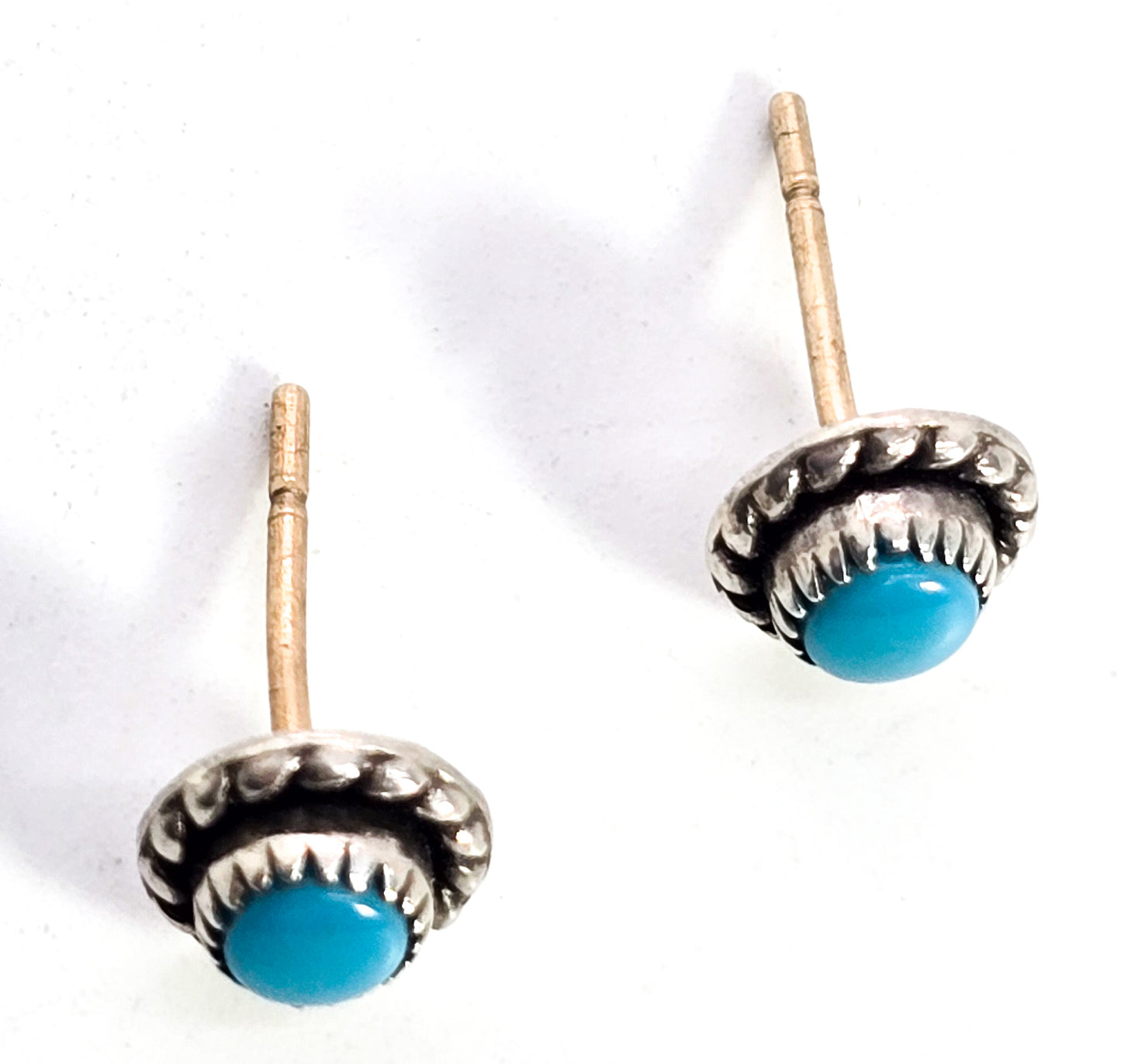 Turquoise gemstone small bezel set twisted rope sterling silver vintage stud earrings