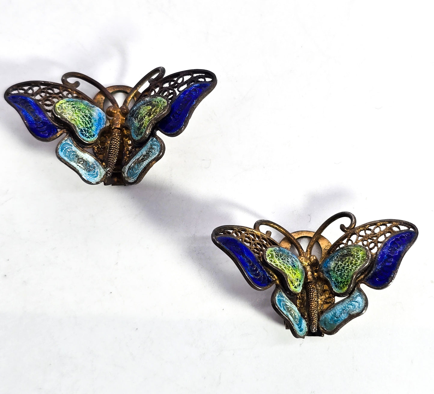 ALIOTO ADRIANA Blue purple enamel spun silver Butterfly clip on earrings vintage