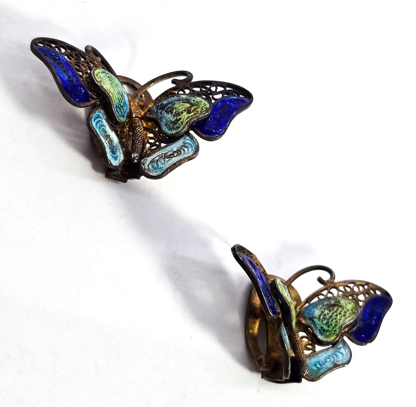 ALIOTO ADRIANA Blue purple enamel spun silver Butterfly clip on earrings vintage