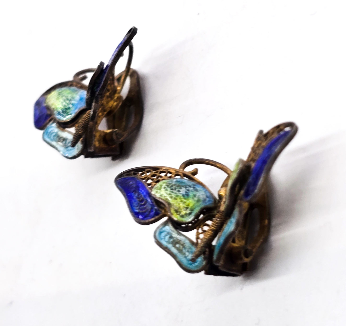 ALIOTO ADRIANA Blue purple enamel spun silver Butterfly clip on earrings vintage